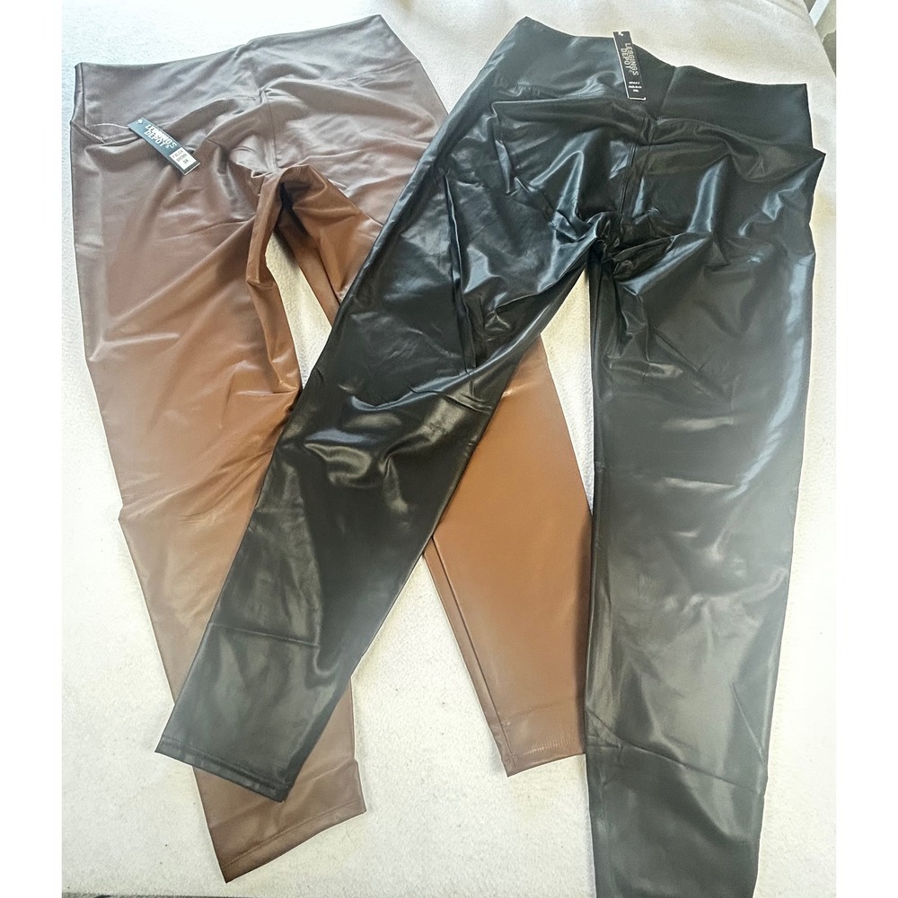 Leggings Depot Womens 3XL Faux Leather Leggings Set 2 Pair Black Brown FXLDX NWT